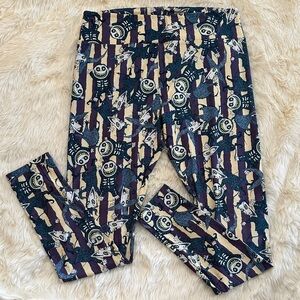 LuLaRoe Nightmare Before Christmas Themed Leggings - blueish black, tan, purple